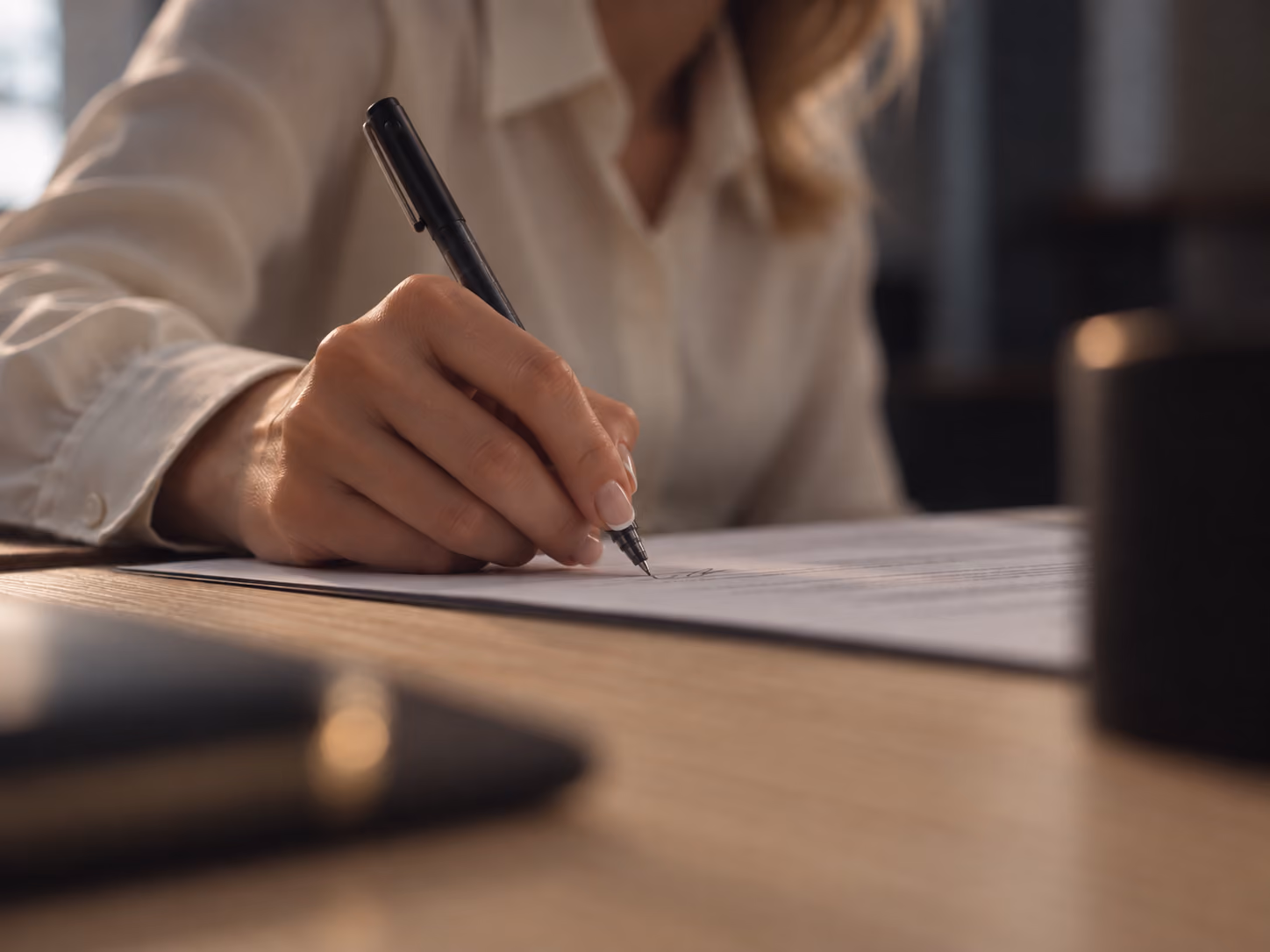 Mano firmando un informe sobre una mesa de madera