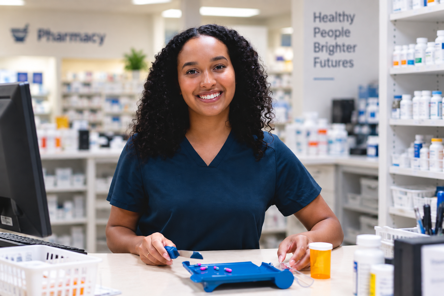 Pharmacy technician student practicing in a lab classroom