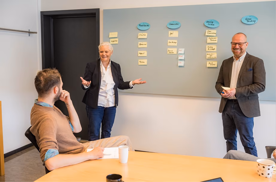 Three people in a meeting room, one seated at a table listening thoughtfully, and two standing by a wall with sticky notes arranged under categories like Feedback, Connection, Learning Culture, and Group Training, having a discussion.