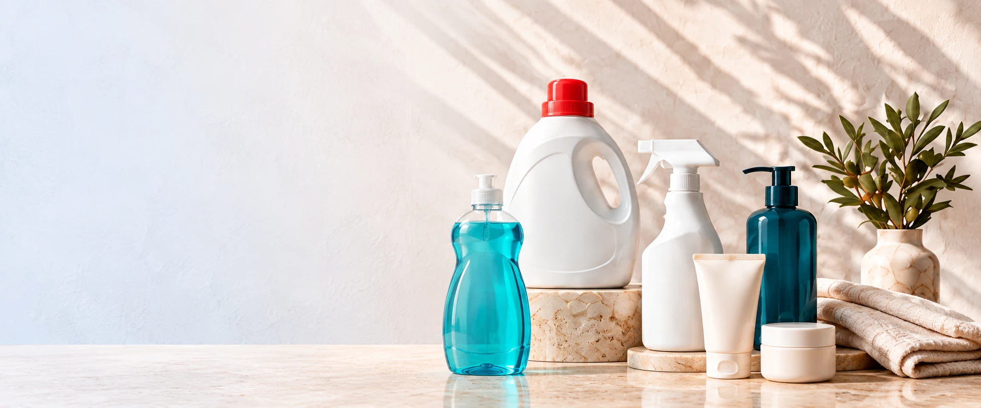 Household and personal care products for private label manufacturing: laundry detergent jug, dish soap, spray cleaner, liquid hand soap, lotion tube and cream jar