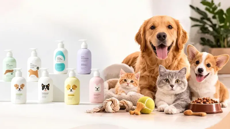 Pet care products: dog and cat shampoo bottles beside a golden retriever, a corgi and two cats
