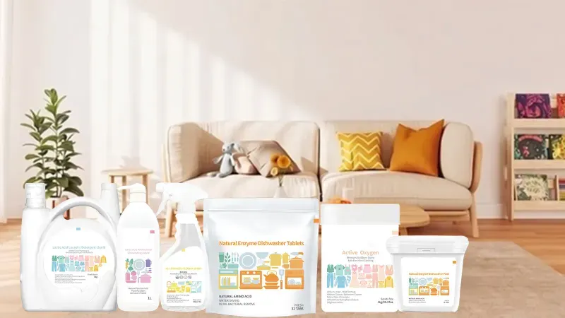 Household cleaning products: liquid laundry detergent, dish soap, spray cleaner, enzyme dishwasher tablets and oxygen bleach powder