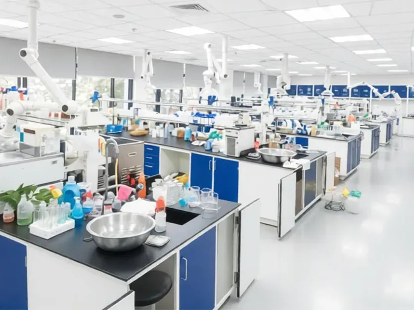 IWC's Shanghai formulation laboratory, with rows of benches, fume extraction arms and glassware
