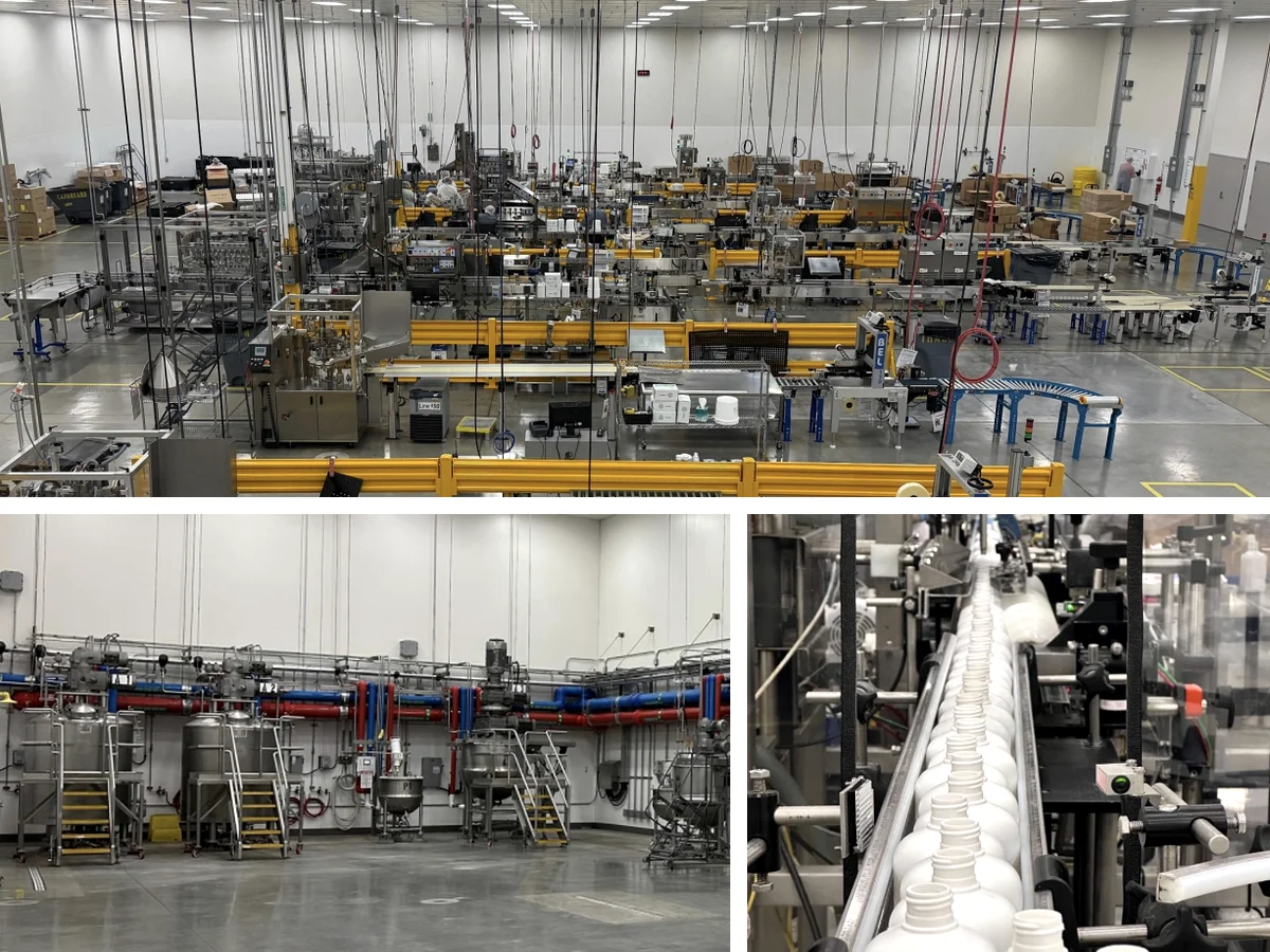 Three views of the plant: the filling hall with multiple packaging lines, the compounding room with mixing vessels and process piping, and filled bottles moving along a line