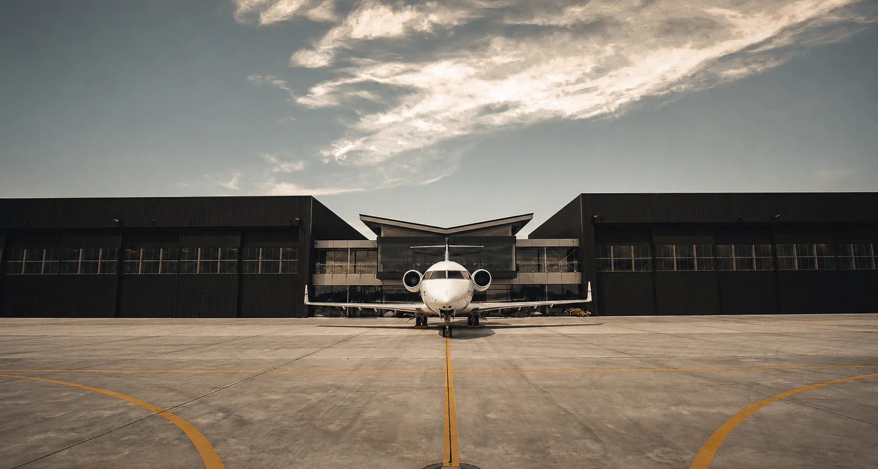 Private jet on the apron in front of a hangar