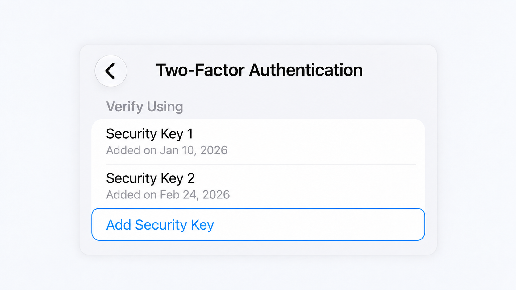 Settings illustration showing two example security keys and highlighting Add Security Key.