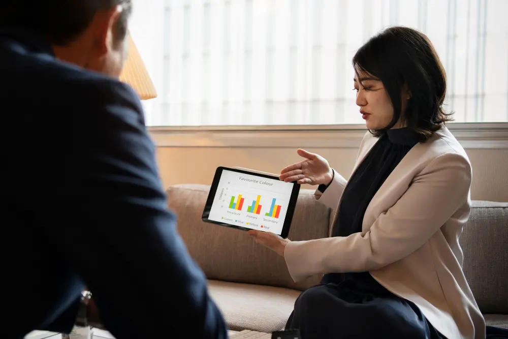 Woman showing a bar chart on a tablet as she walks a client through a proposal