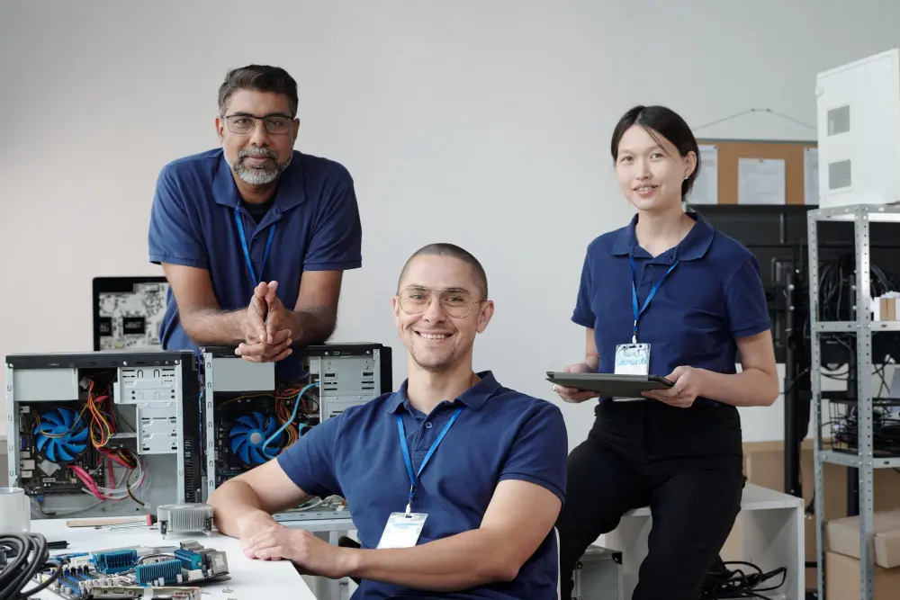 Three IT technicians smiling in a workshop with computer equipment