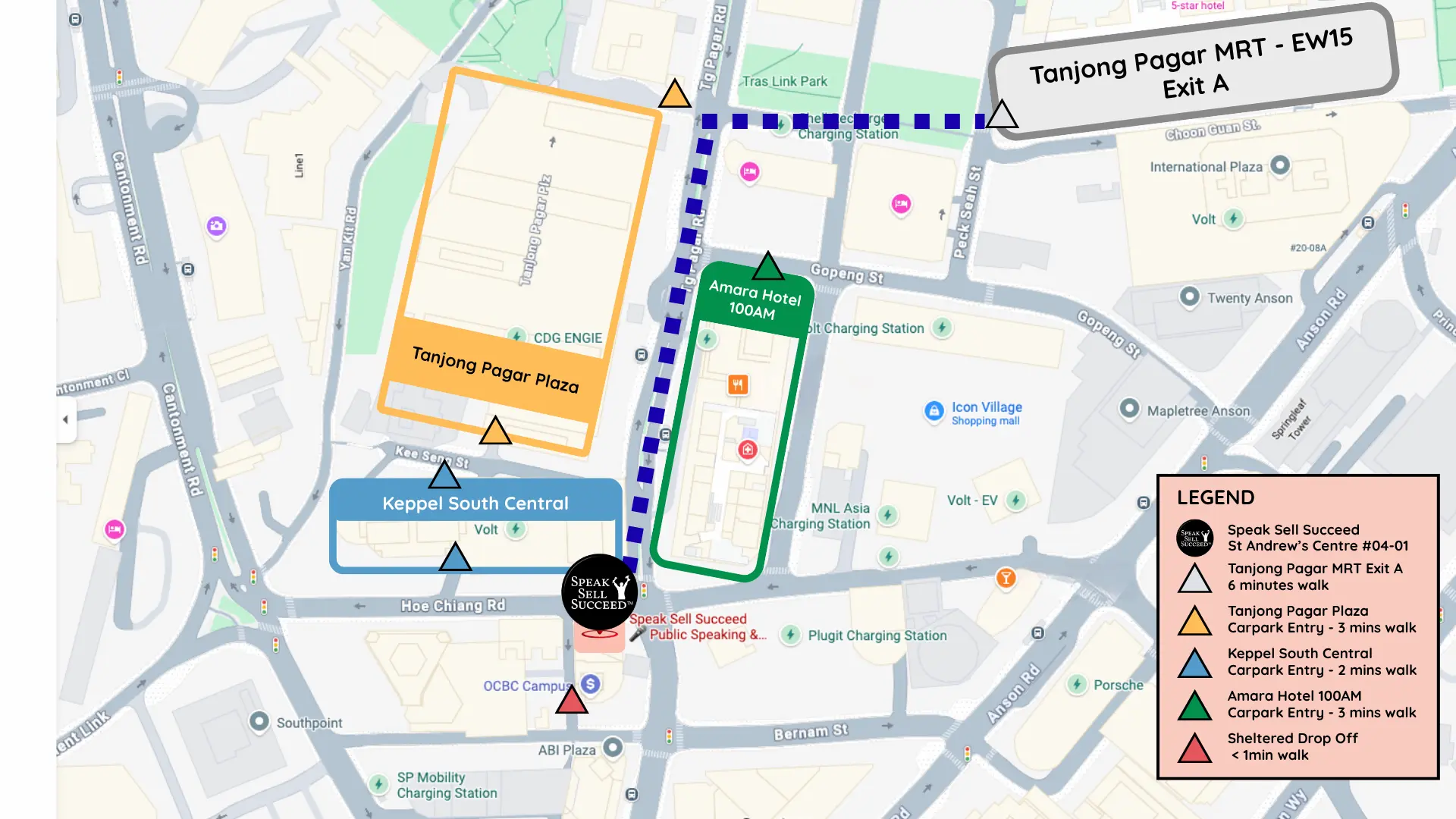 Map of the walk to Speak Sell Succeed at St Andrew's Centre, Tanjong Pagar, from Tanjong Pagar MRT Exit A, the Tanjong Pagar Plaza, Keppel South Central and Amara Hotel 100AM carparks, and the sheltered drop-off at OCBC Campus