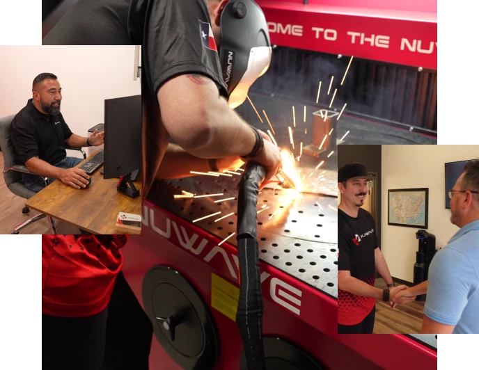 Nuwave Laser team welding, working with customers and in the office