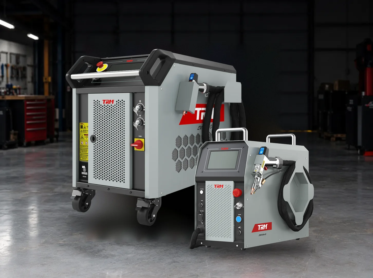 TRM LWH1200-AS air-cooled laser welder beside a larger LWH-S water-cooled laser welder