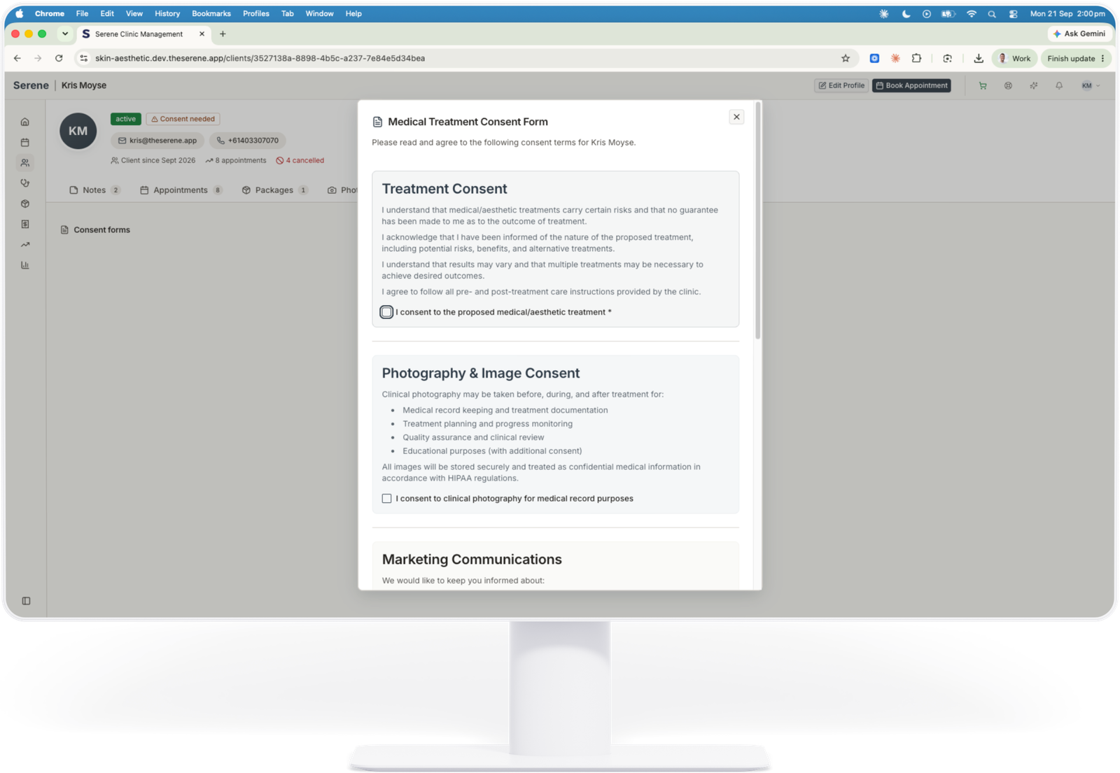 Serene medical treatment consent form, with separate consent for treatment, clinical photography and marketing communications
