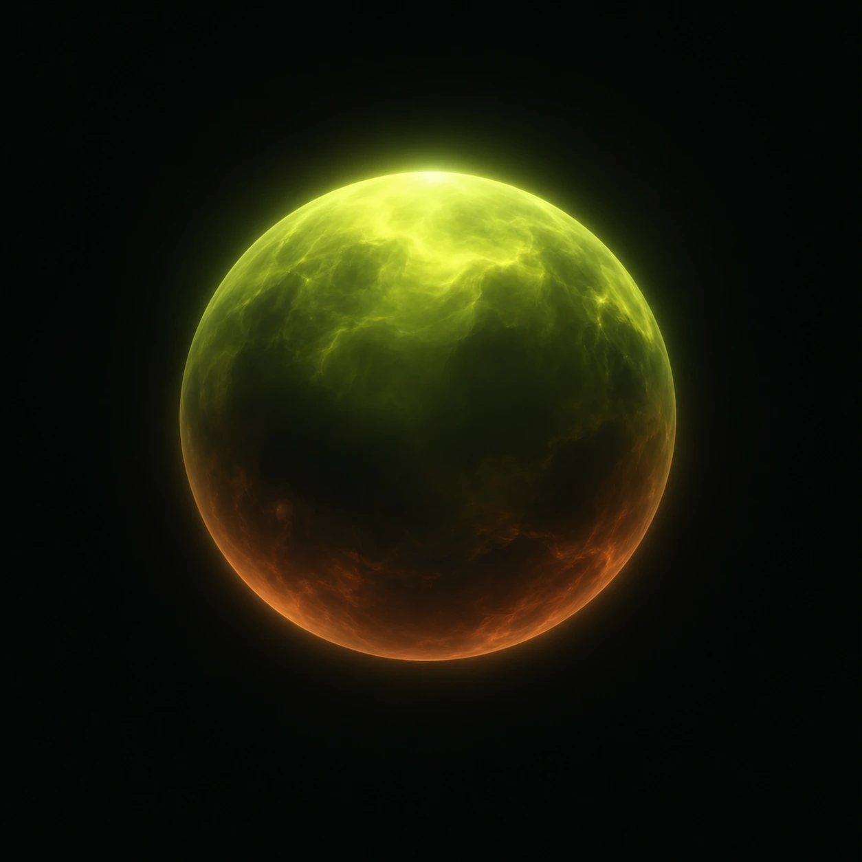 A luminous lime sphere with a warm amber edge fading into black