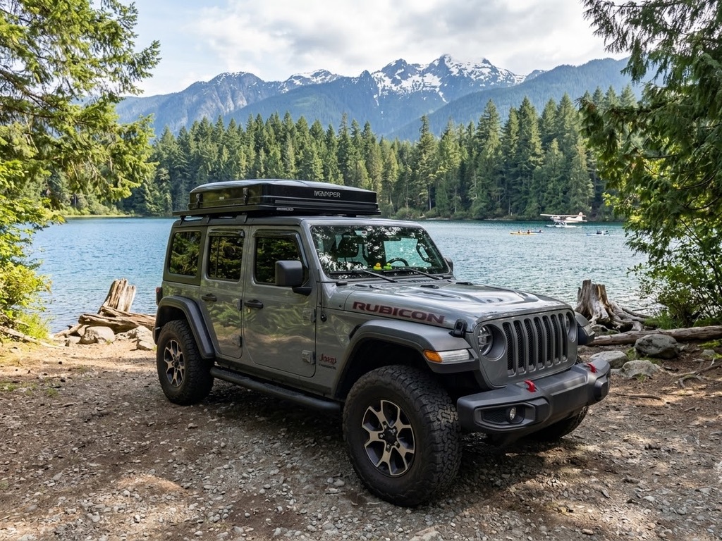 Overland Jeep Wrangler parked beside an alpine lake in the Pacific Northwest mountains