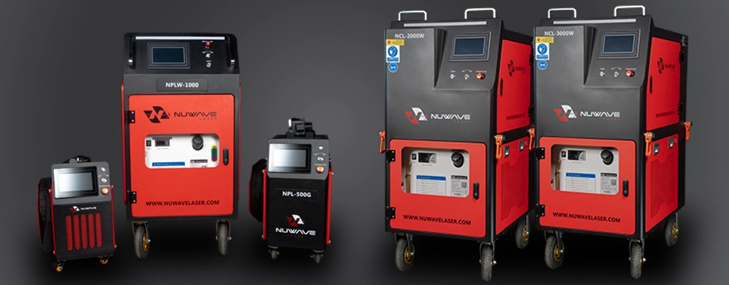 Collage of Nuwave laser cleaning machines removing rust from industrial parts