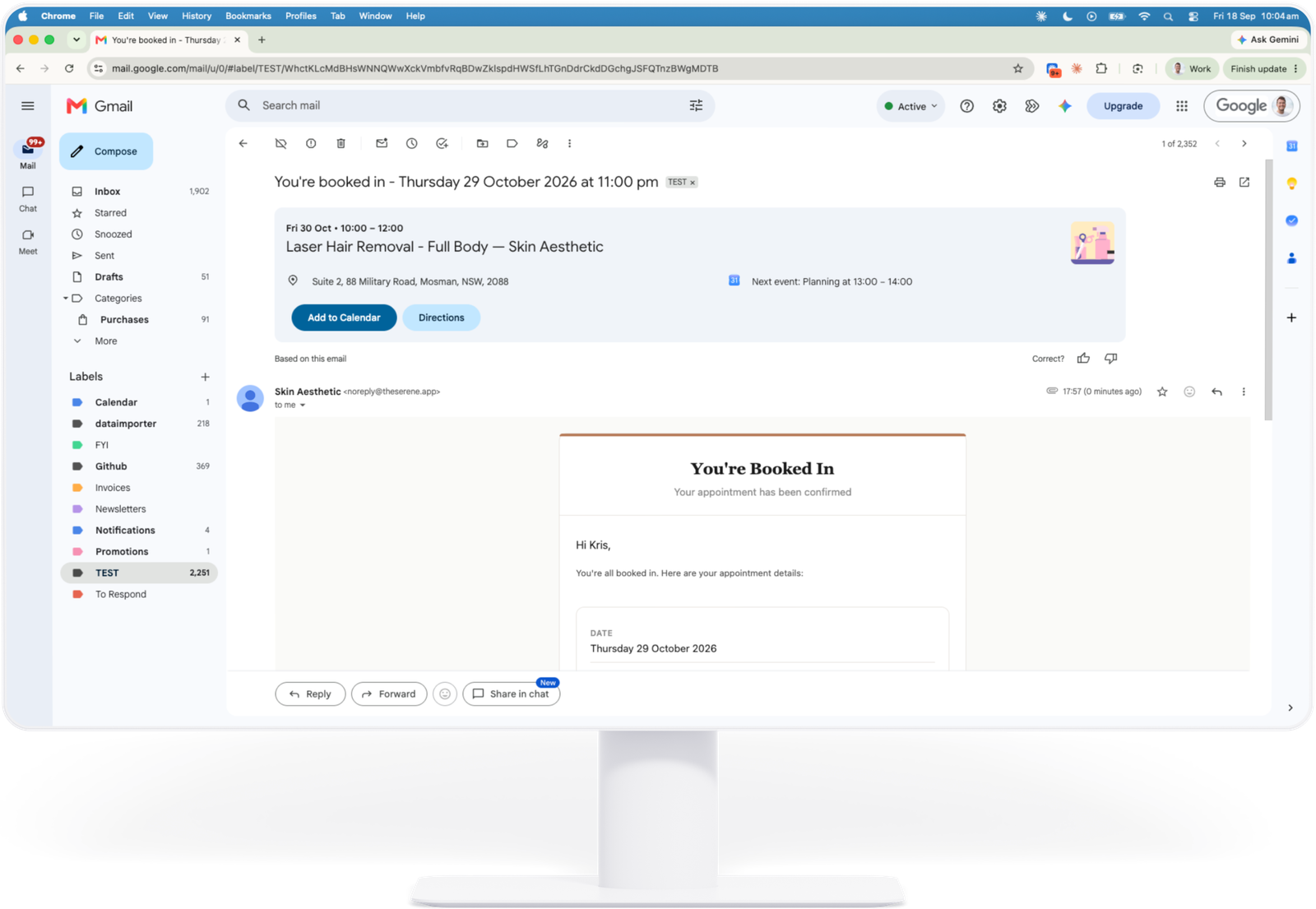 An automated Serene booking confirmation email in a client's inbox