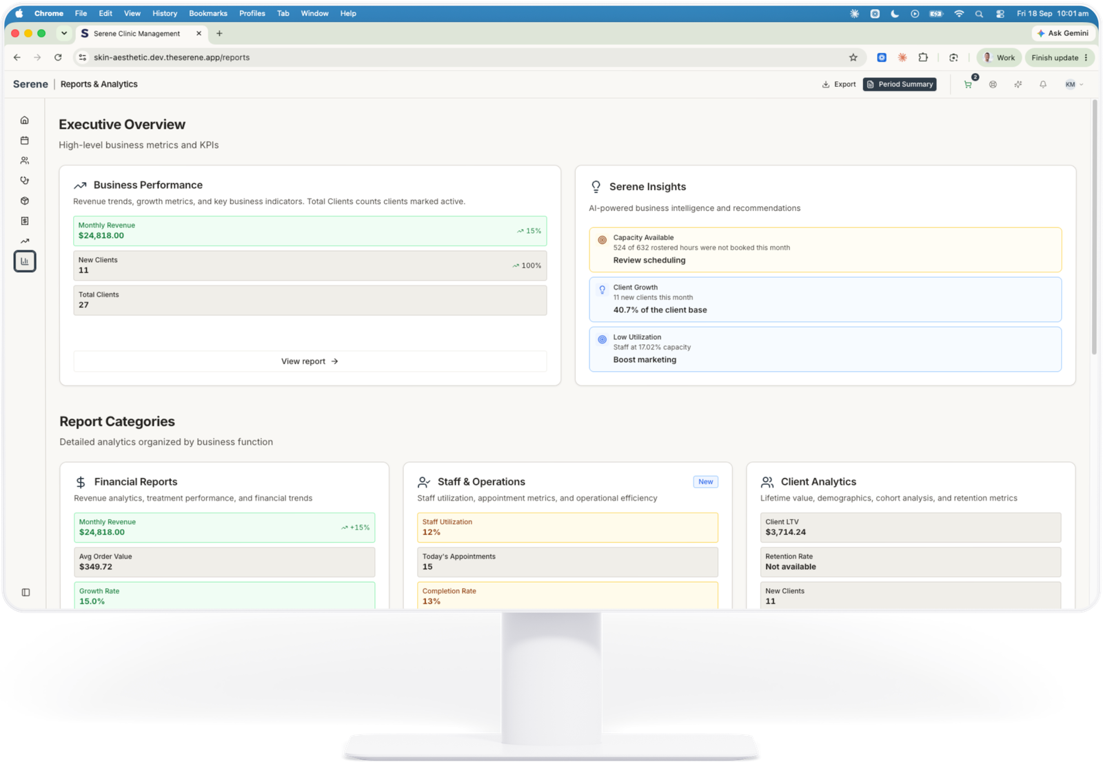 Serene reports and analytics with revenue, utilisation and client metrics