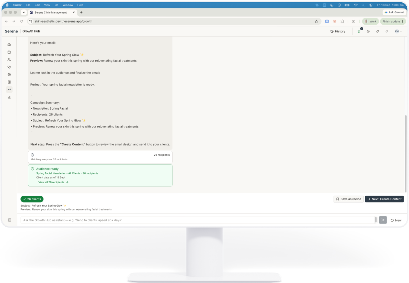 Serene Growth Hub drafting an email campaign to a selected client audience