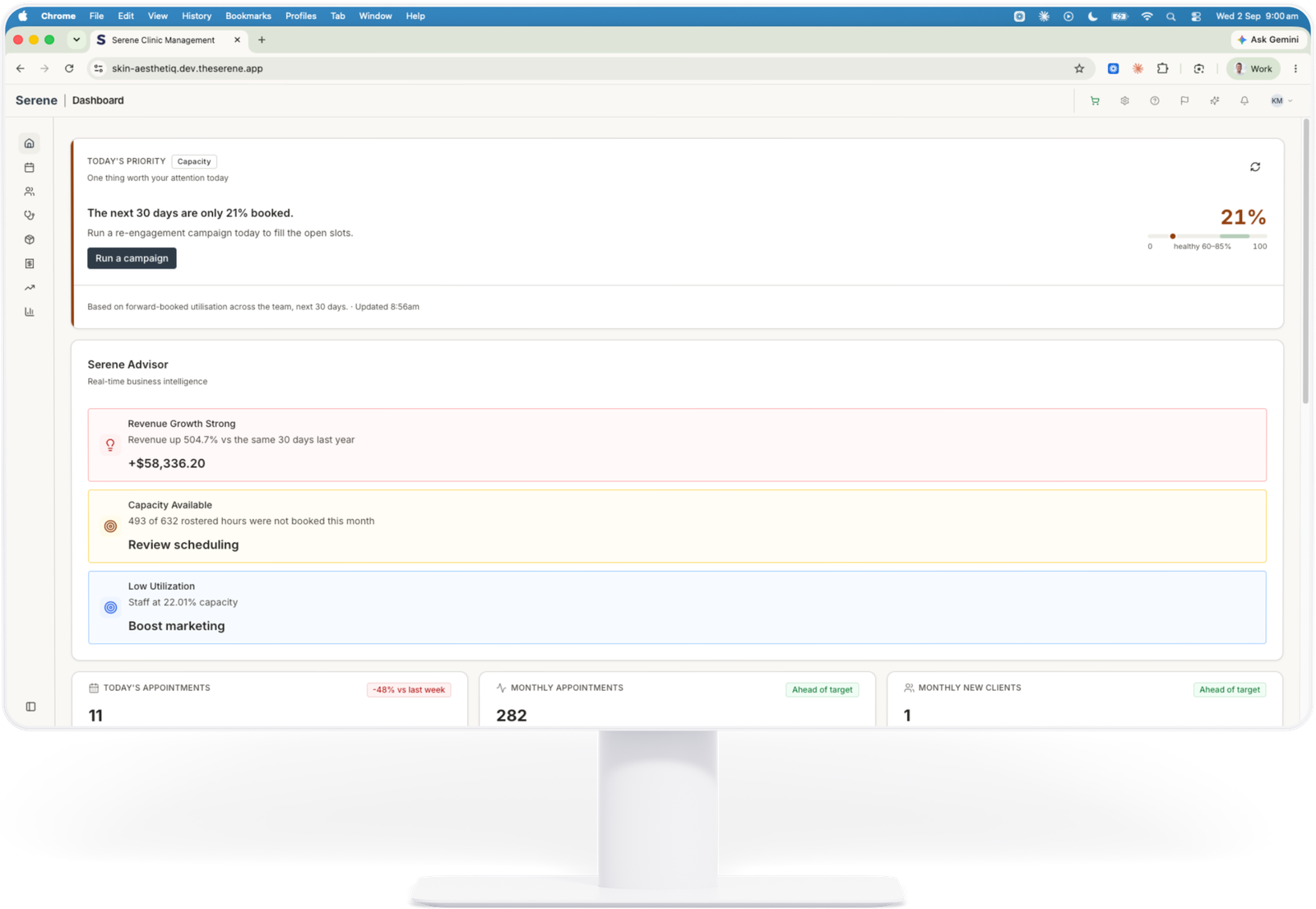 Serene dashboard with the Clinic Advisor surfacing revenue, capacity and utilisation insights