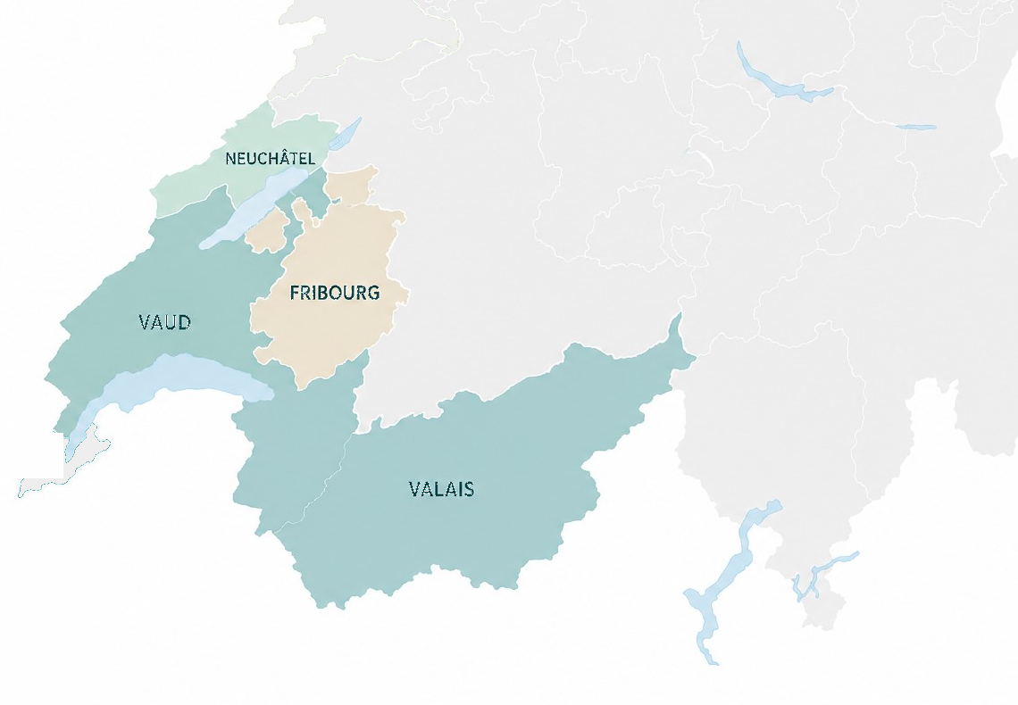 Carte de la Suisse : les cantons de Vaud, Valais, Fribourg et Neuchâtel sont mis en couleur
