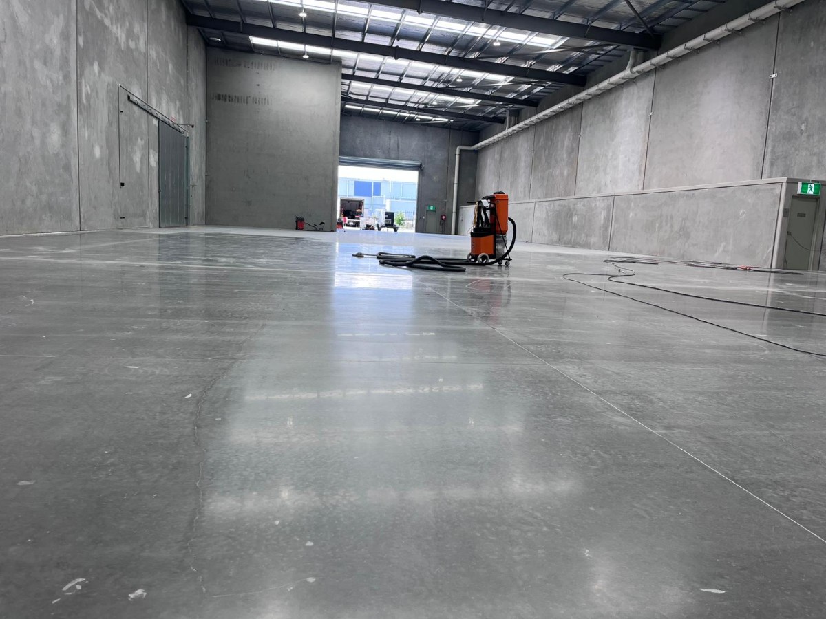 Industrial polished concrete floor in a warehouse