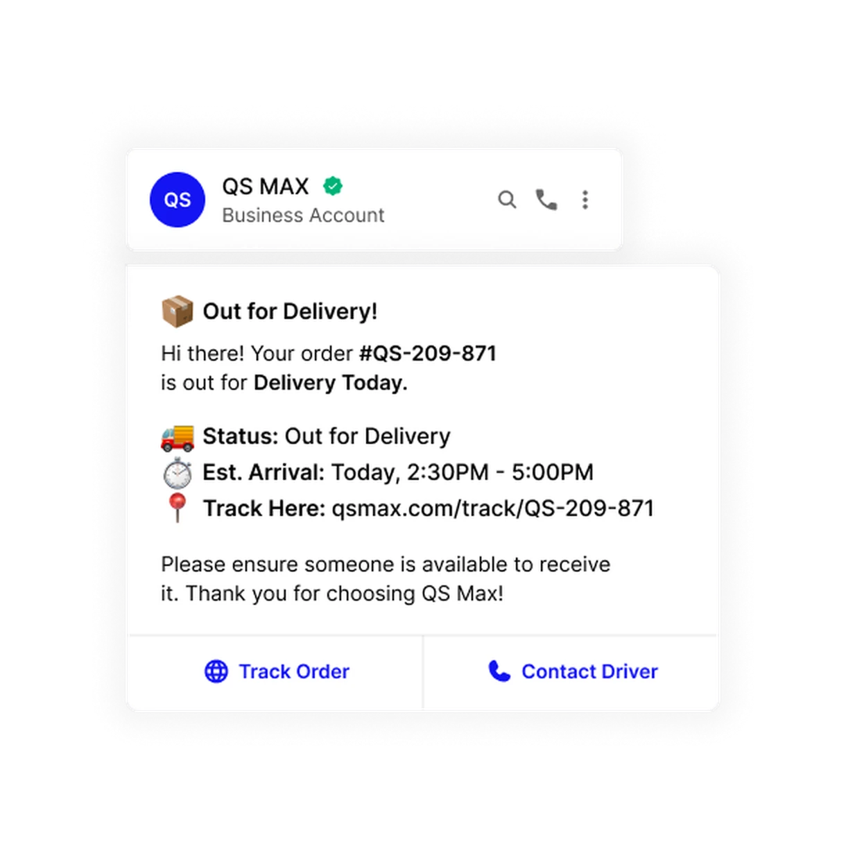 QS Max WhatsApp message with an out-for-delivery update