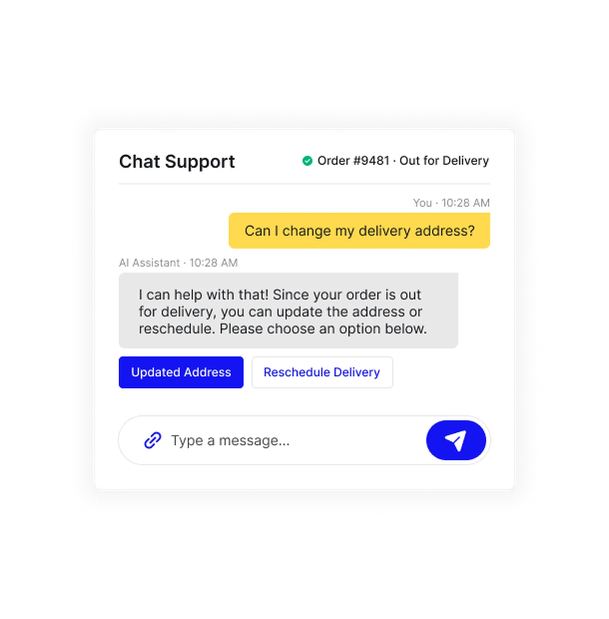 Chat support offering to update the address or reschedule delivery