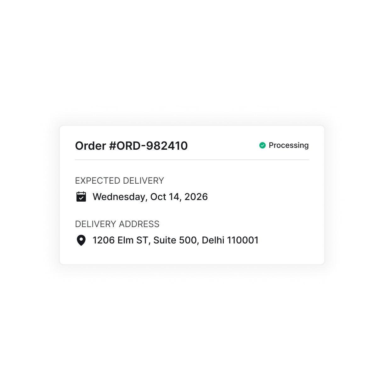 Order record card showing expected delivery date and delivery address