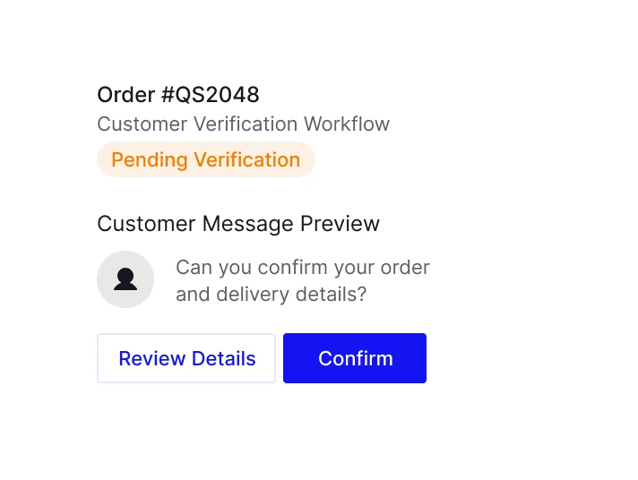 Order verification workflow with customer message preview