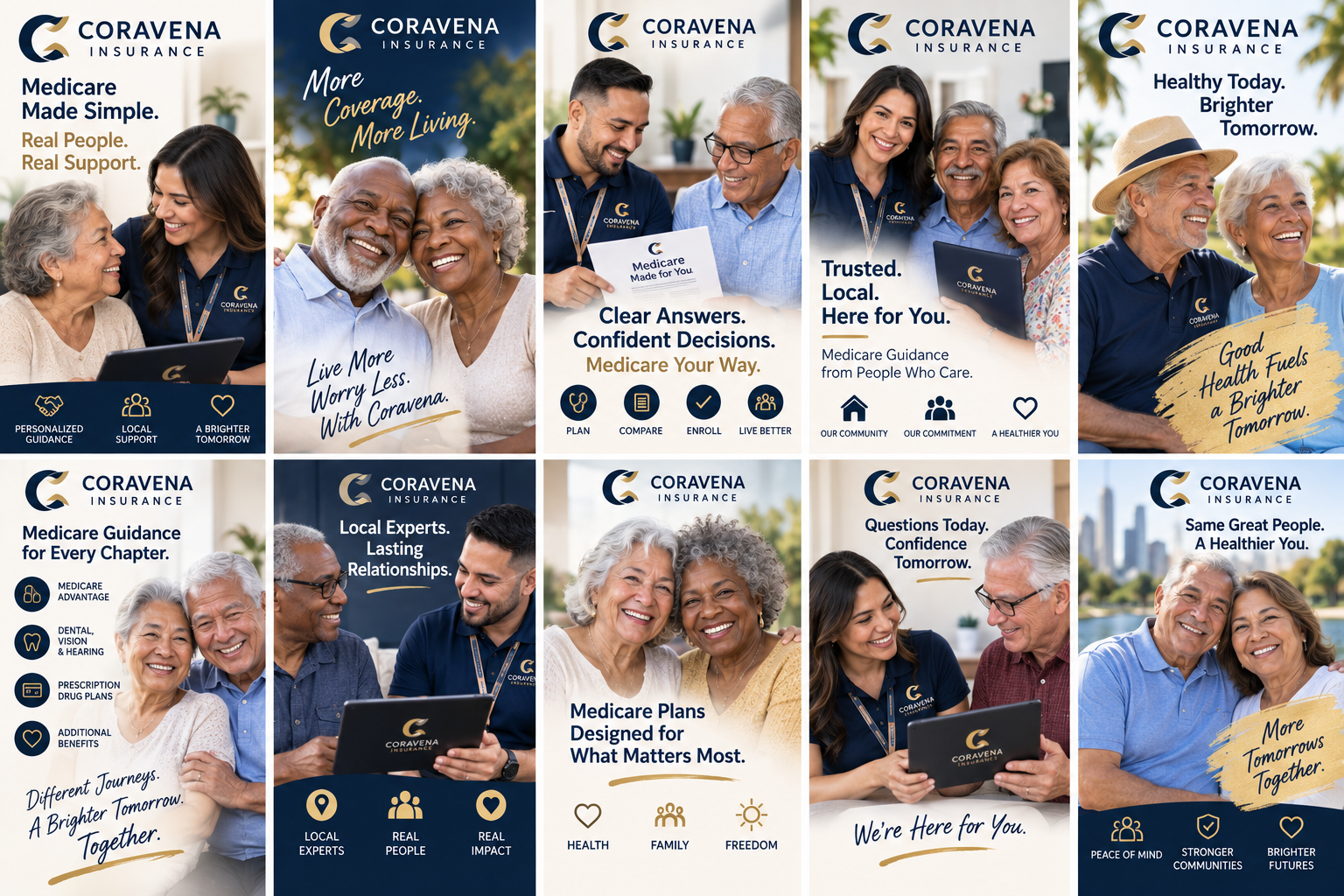 Ten Coravena Insurance message cards featuring diverse South Florida seniors, couples, and caregivers, paired with phrases including Medicare Made Simple, Real People. Real Support., Clear Answers. Confident Decisions., and Local Experts. Lasting Relationships.