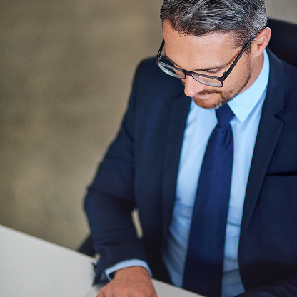 Business professional reviewing information at a desk.