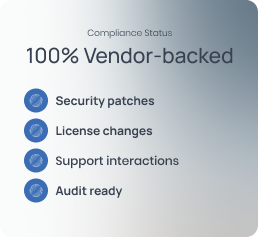 Vendor-backed compliance checklist: security patches, licence changes, support interactions and audit readiness.