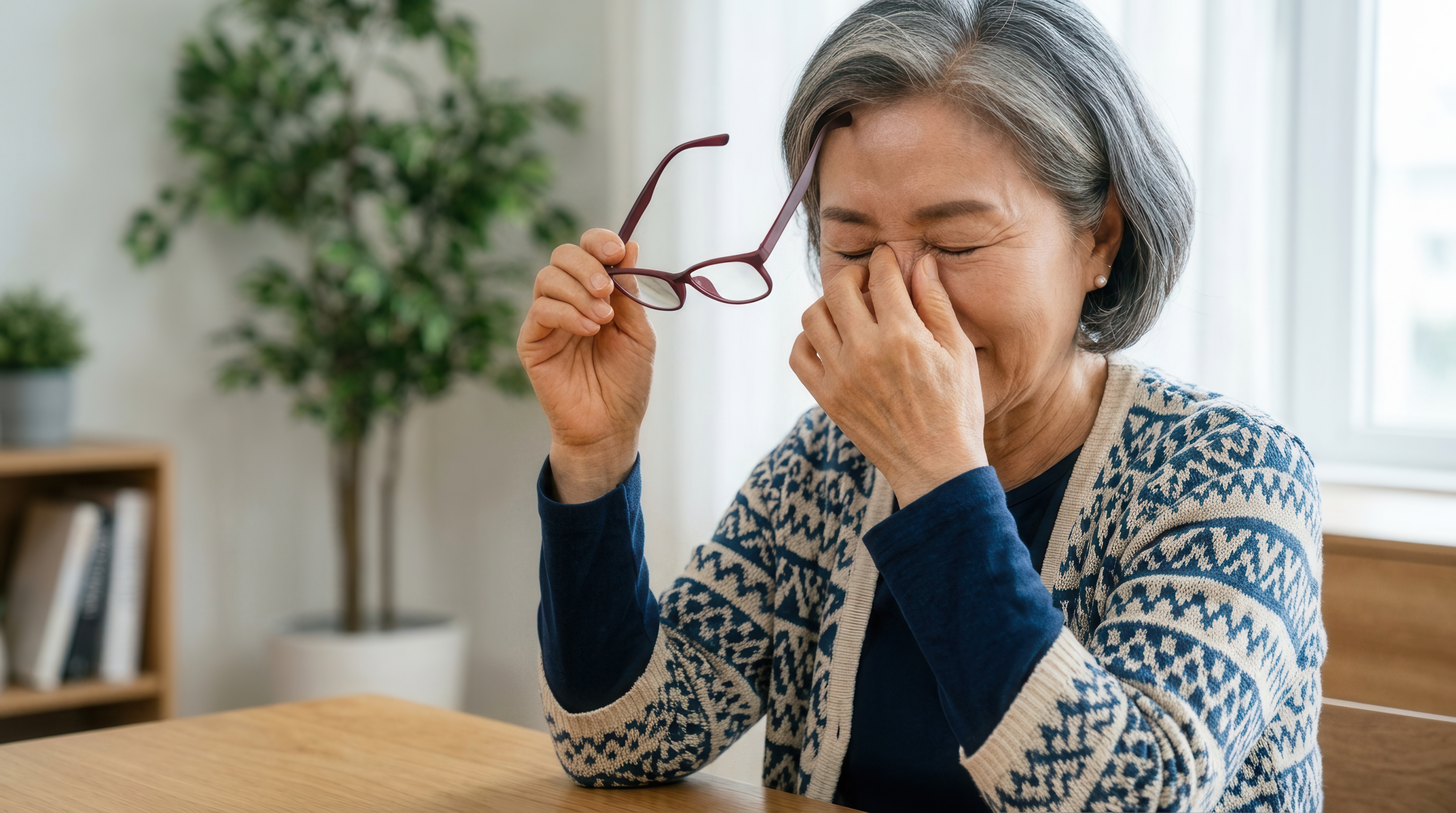 An older woman with gray hair sitting at a table, holding her glasses in one hand and pinching the bridge of her nose with the other, appearing tired or stressed, indoors with a blurred background featuring a plant and a bookshelf.