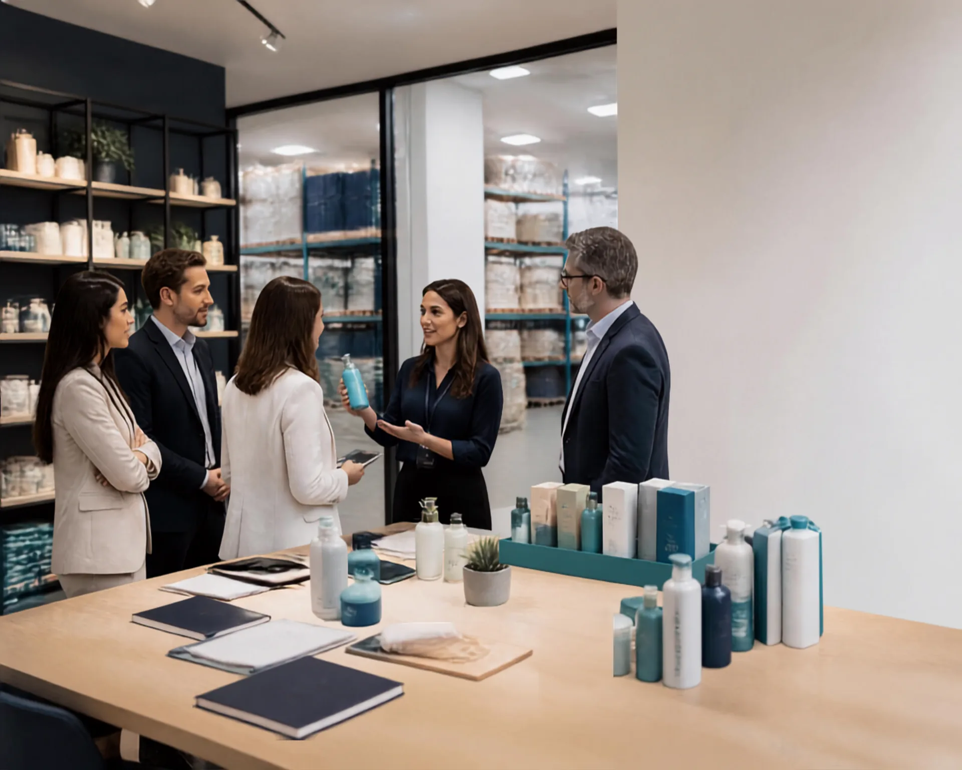 People discussing products around a meeting table