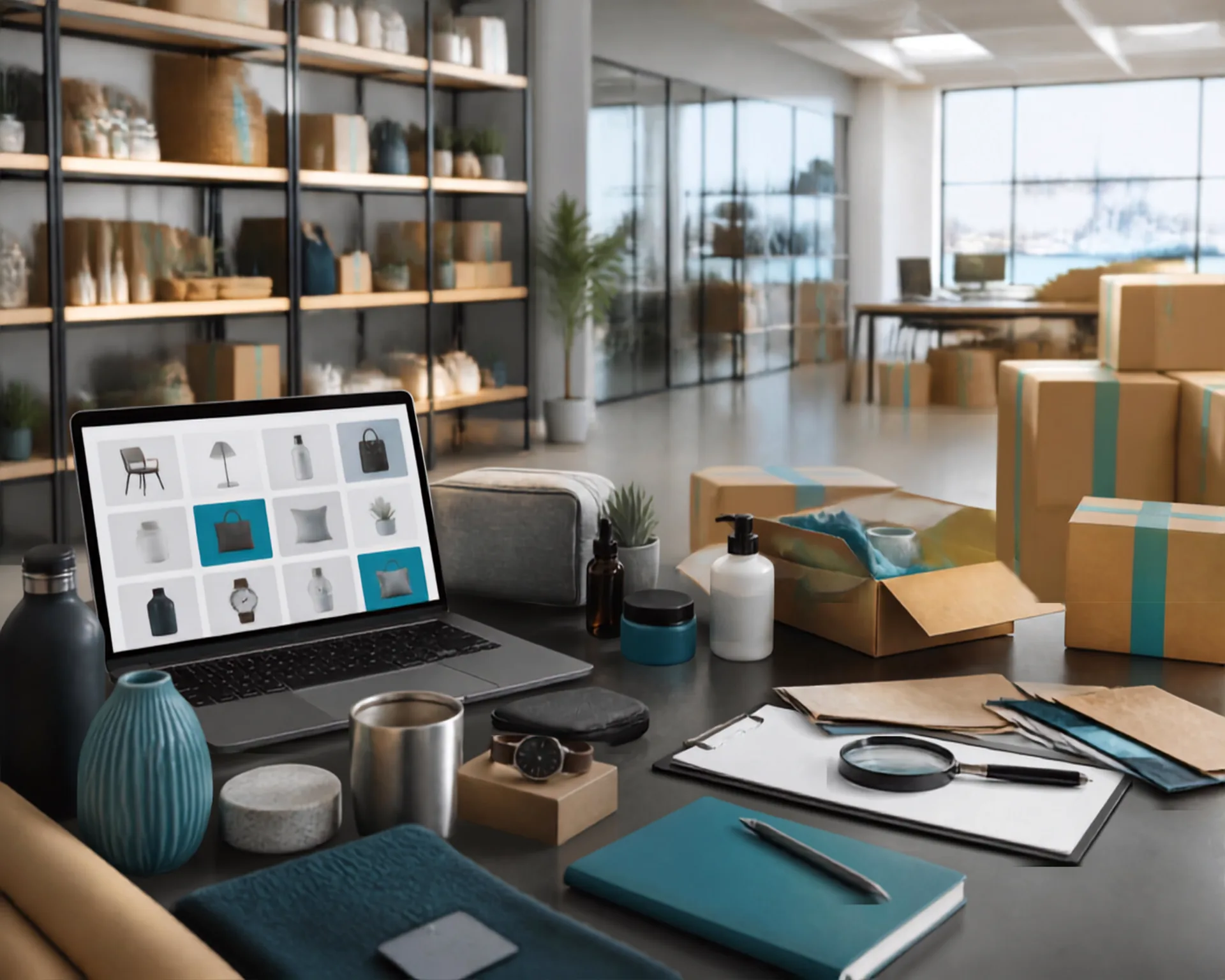 Laptop, product samples, and packaging materials on a commerce workspace
