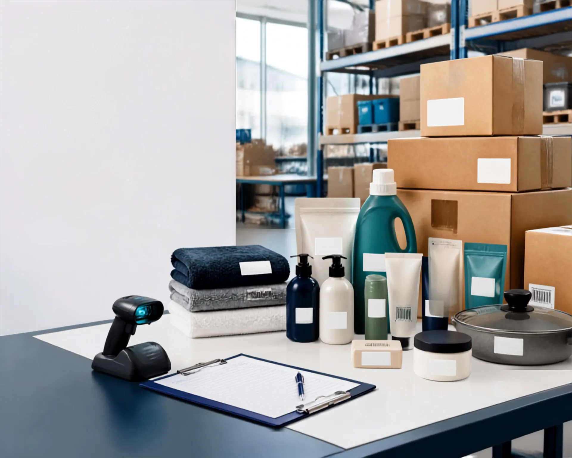 Assorted household and personal-care products arranged on a table