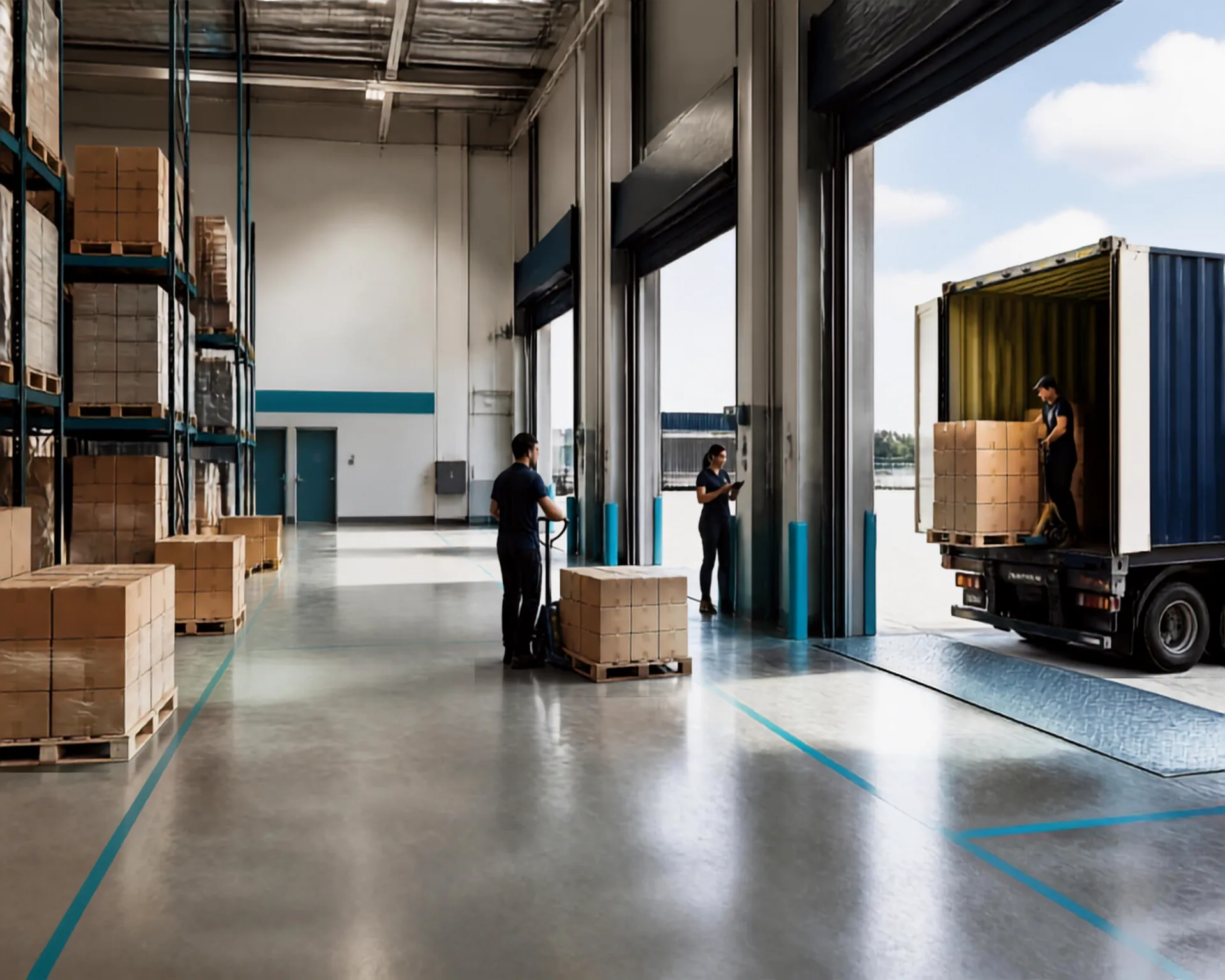Sunlight entering a warehouse loading bay beside a shipping container