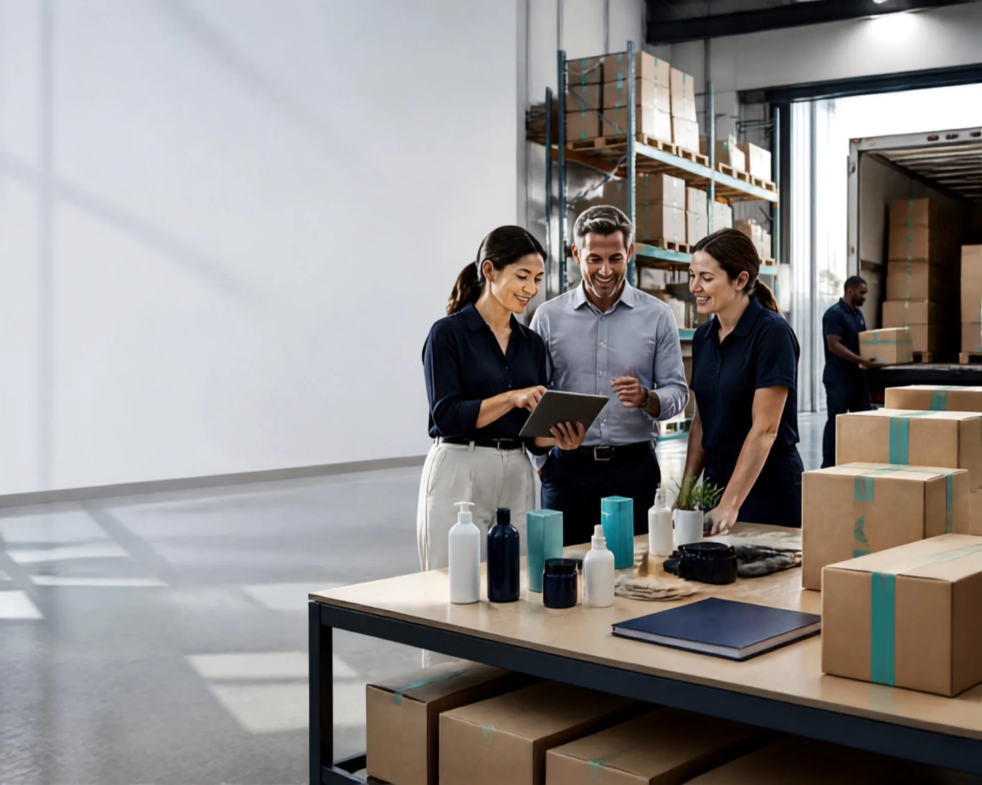 Three people reviewing a tablet beside product samples in a warehouse
