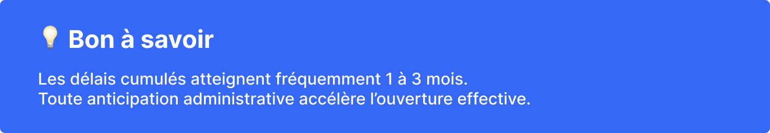 Bon à savoir : les délais administratifs cumulés se comptent en mois ; les anticiper accélère l'ouverture effective du cabinet.