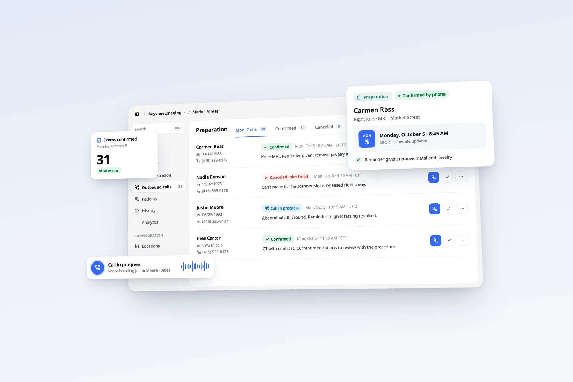 Preparation dashboard: Vocca confirms exams and gives patients their prep instructions