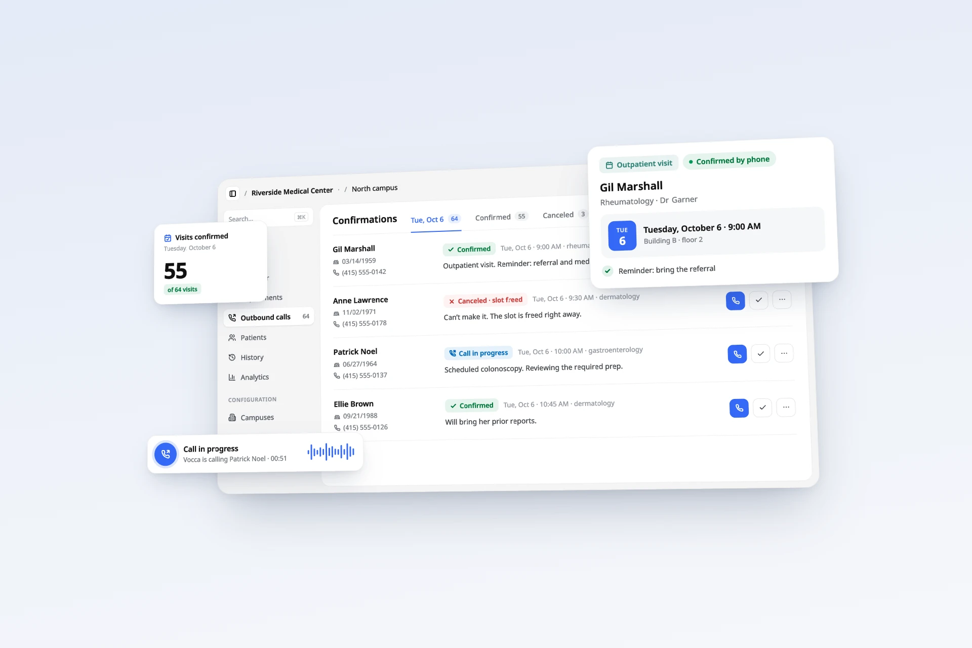 Confirmations dashboard: Vocca confirms outpatient visits and reminds patients what to bring