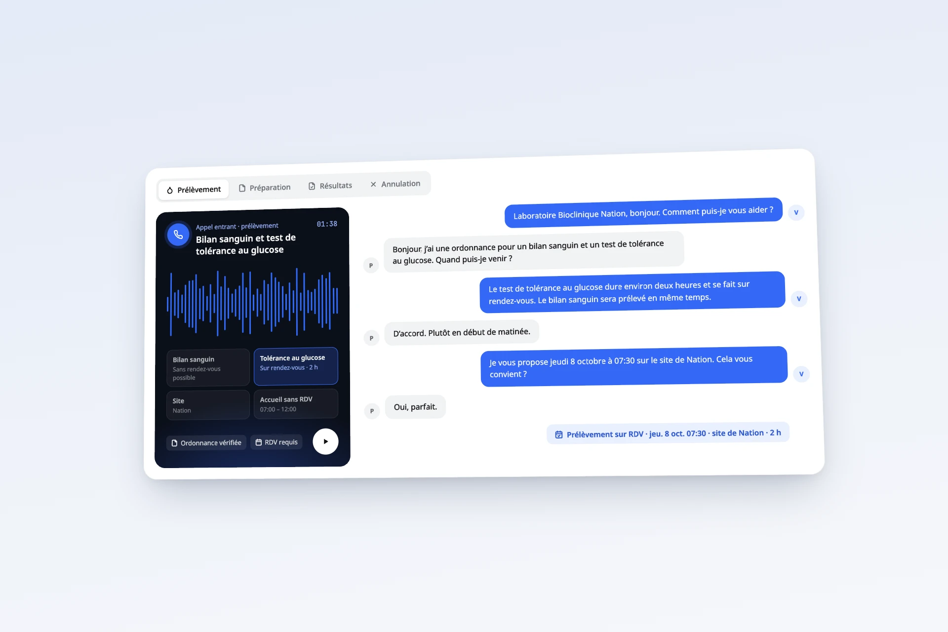 Appel avec une ordonnance : Vocca vérifie que l’analyse demande un rendez-vous et pose le créneau de prélèvement