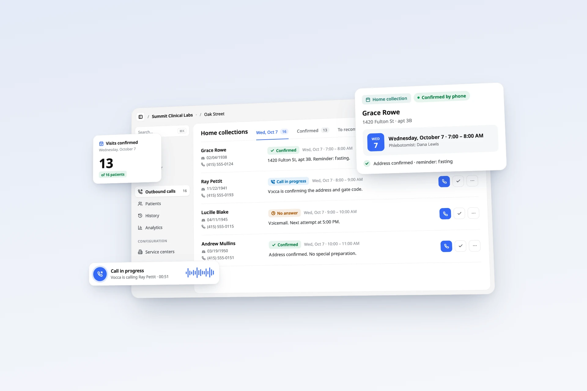 Home collections dashboard: Vocca confirms the address, time window and preparation