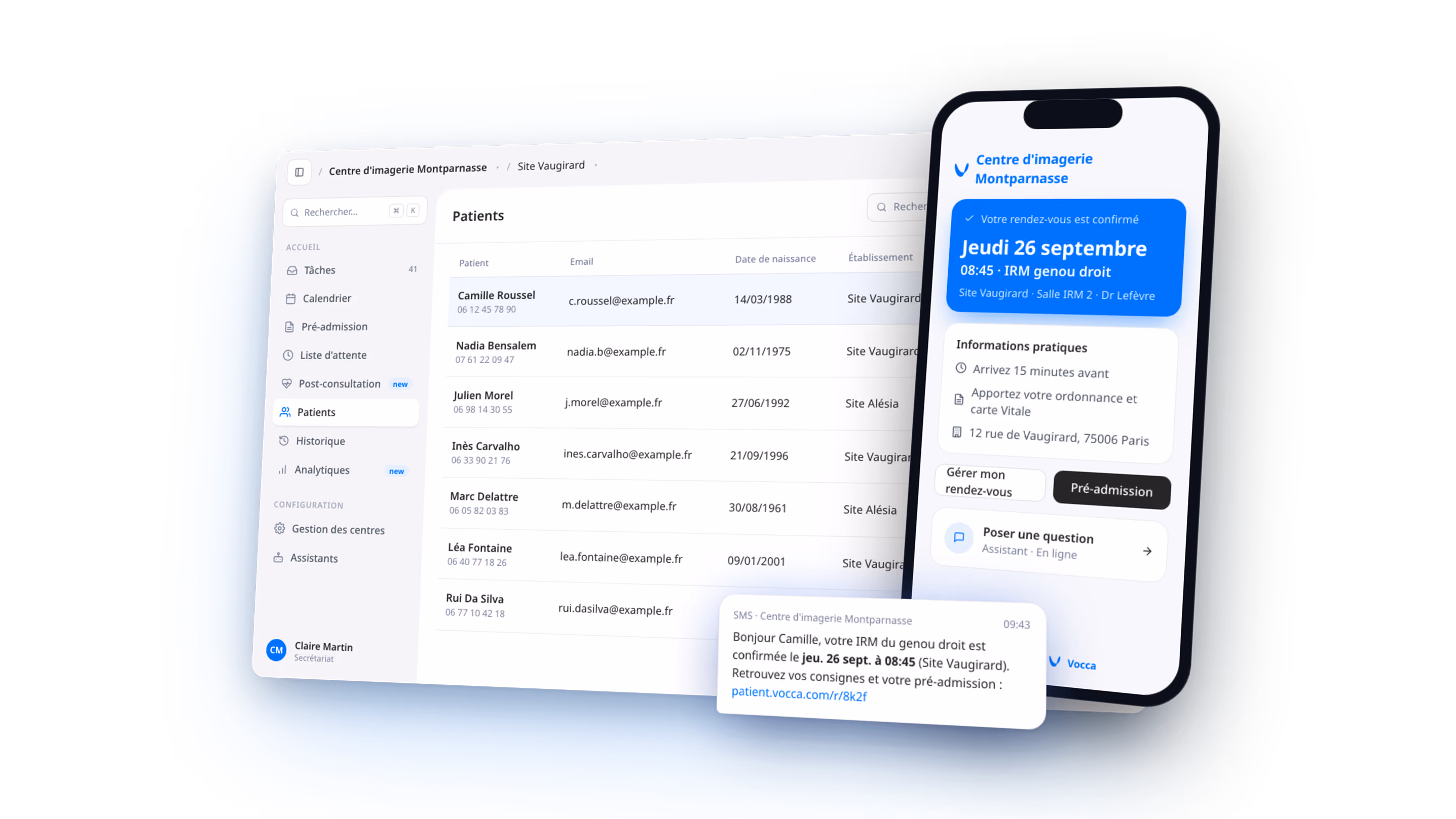Interface Vocca d'un centre d'imagerie : liste des patients sur ordinateur et confirmation d'un rendez-vous d'IRM sur mobile