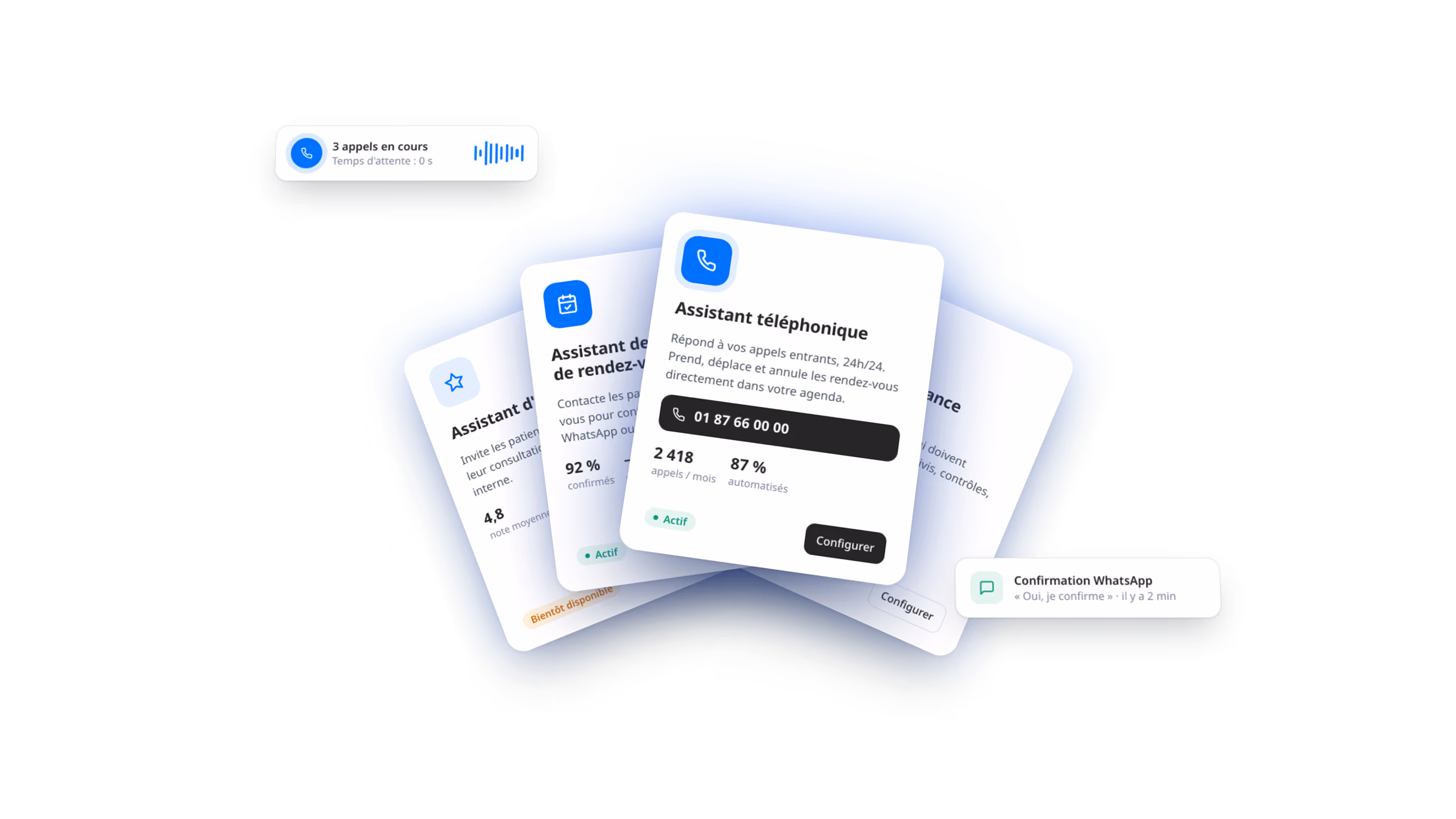 Cartes des assistants Vocca : assistant téléphonique, assistant de rendez-vous, appels en cours et confirmation WhatsApp