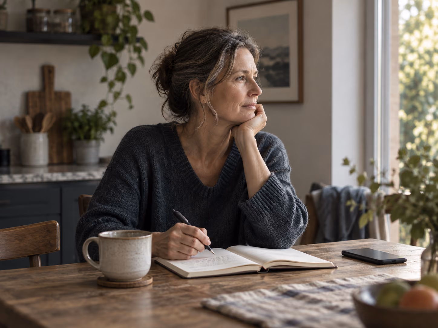 Woman pausing to journal at a kitchen table during a calm stress-management routine.