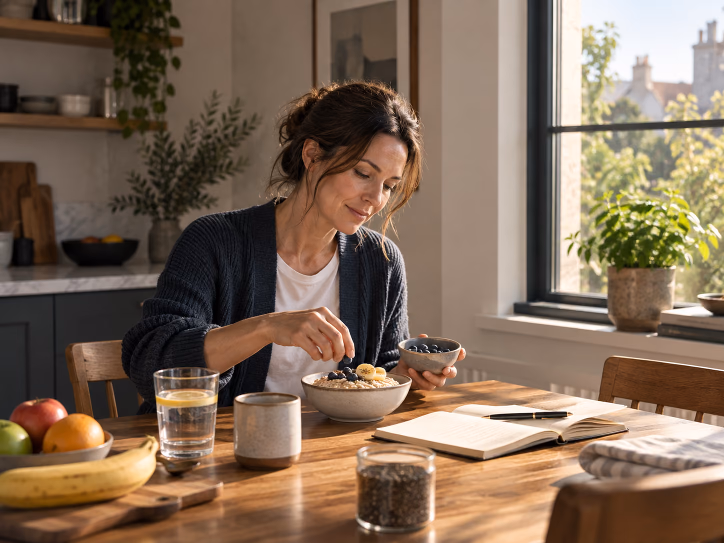 Woman preparing a simple breakfast by a bright window as part of a steady daily routine.