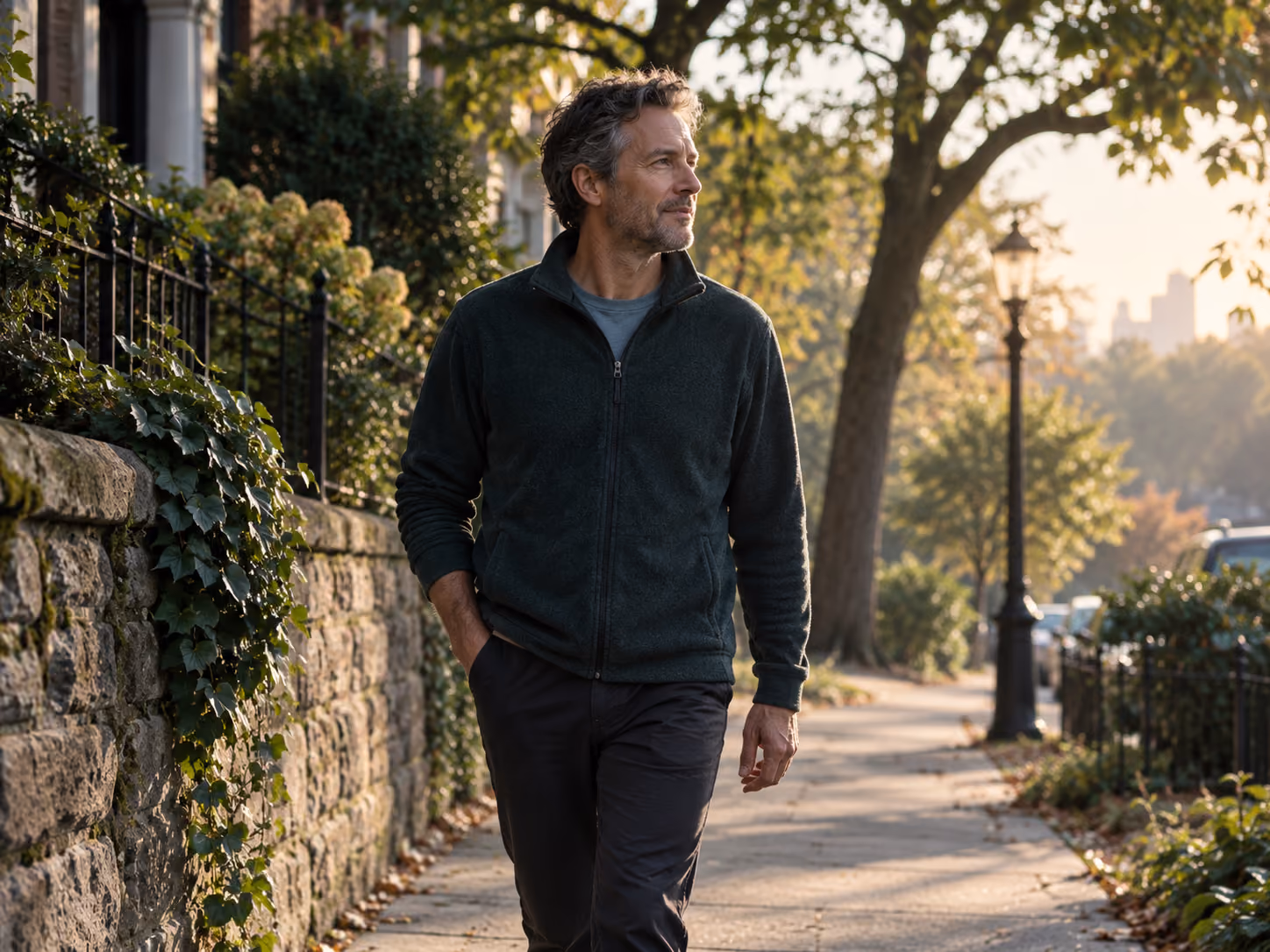 Middle-aged man taking an early morning walk in soft sunlight to support circadian rhythm.
