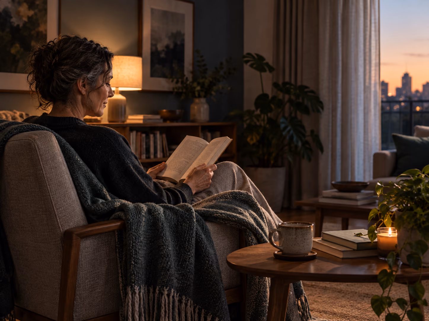 Woman reading in a softly lit living room during a quiet evening wind-down routine.