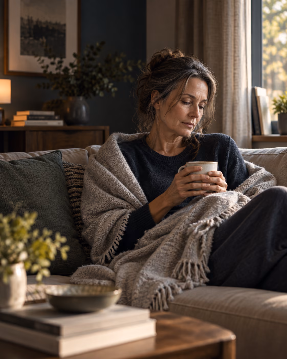 Tired adult resting on a sofa with a warm drink in a calm home setting.
